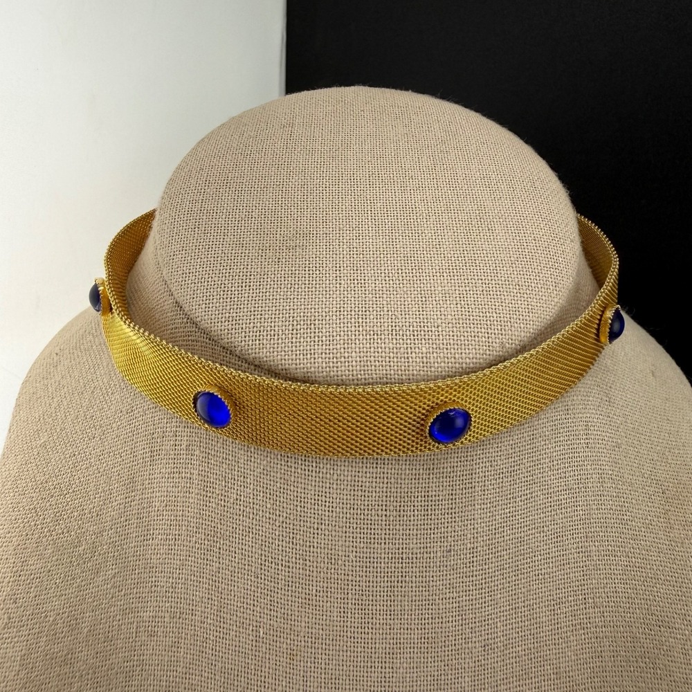 Vintage Estate Mesh Collar Necklace Gold Tone Blue Glass Cabochon Adjustable